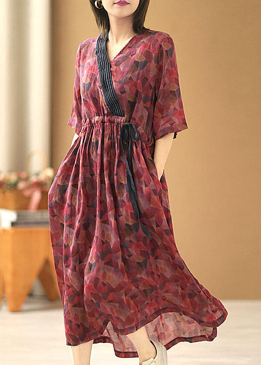 Red V Neck Tie Waist Wrinkled Print Linen Cinch Dresses Short Sleeve