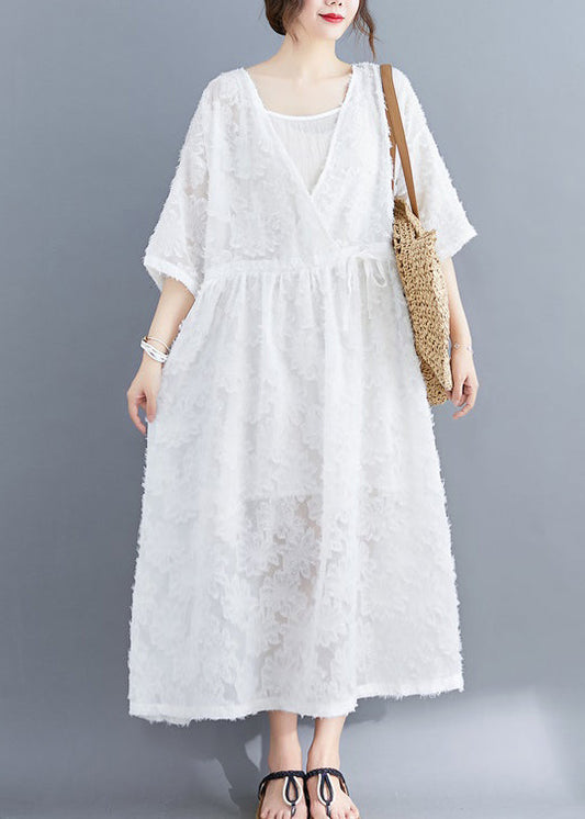White Extra Large Hem Long Dress Two Pieces Sets Cinched Half Sleeve