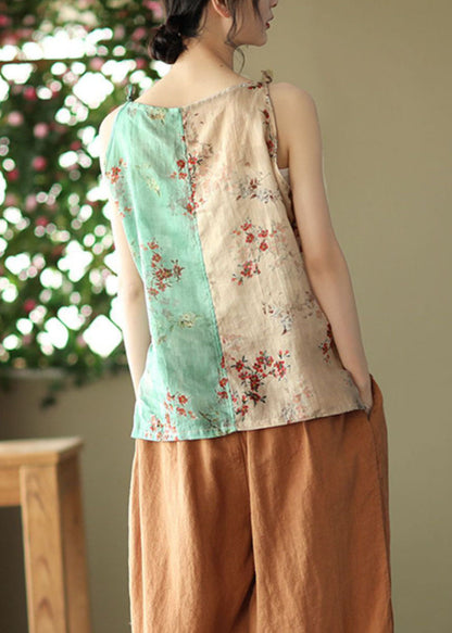 Yellow Green Print Linen Spaghetti Strap Top Summer