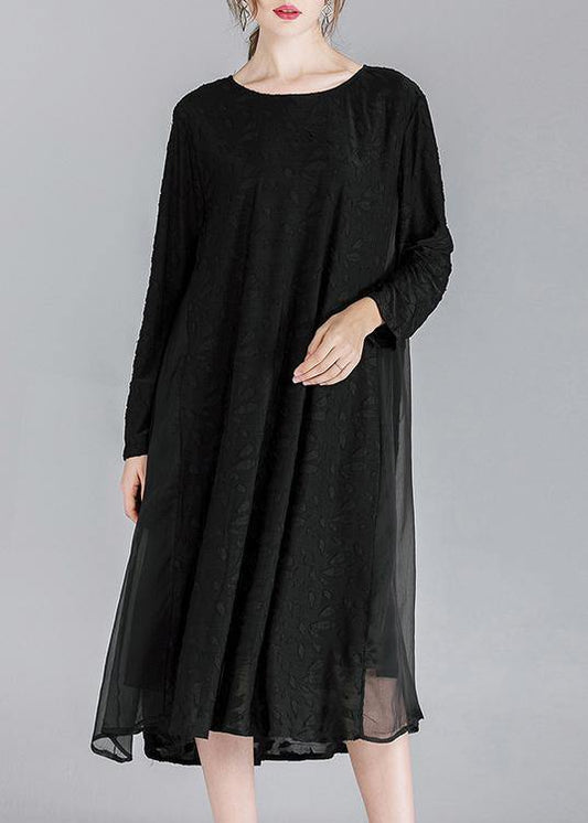 Simple Black Patchwork Chiffon Long Sleeve Spring Summer Dress