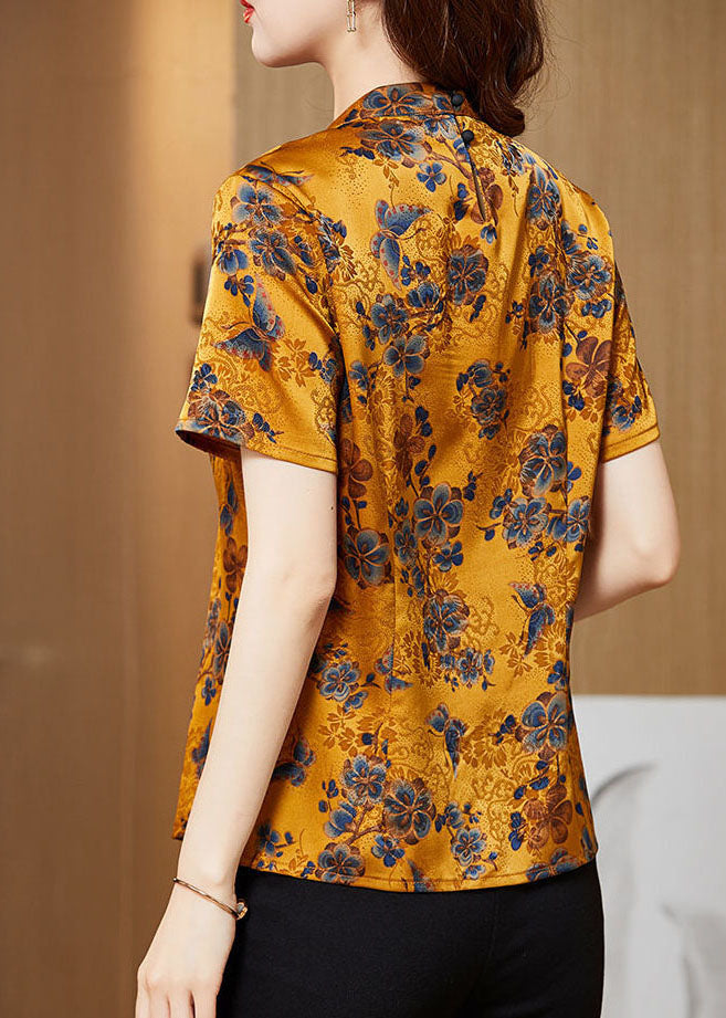 Yellow Stand Collar Print Tassel Oriental Silk Shirts Short Sleeve Summer