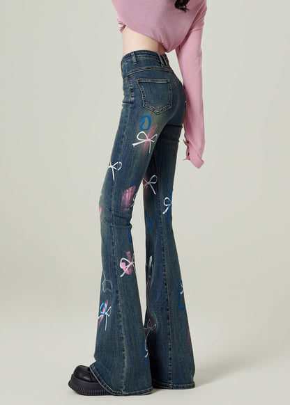 Blue Pockets Bow Print Denim Flared Trousers Spring