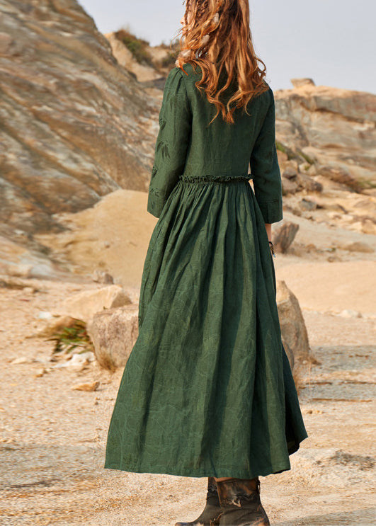 Green Cinched V Neck Ruffled Silk Holiday Dress Long Sleeve