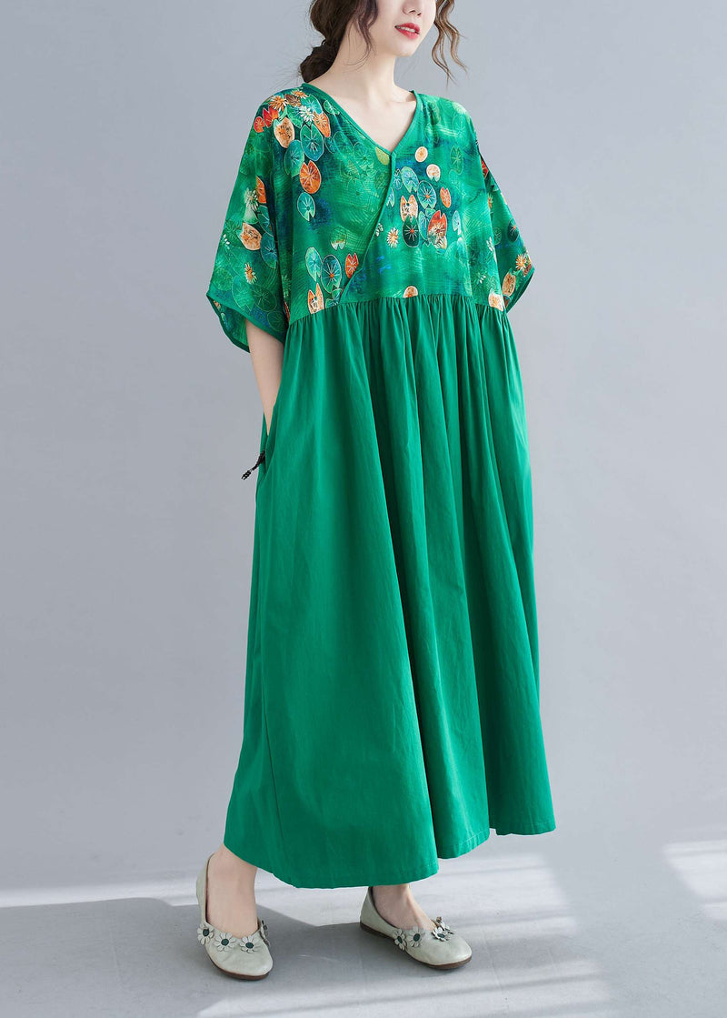Green Cinched Print Long Dress Half Sleeve