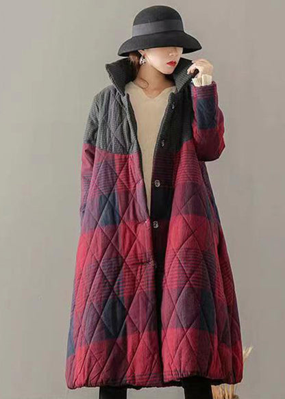 Red Pockets Plaid Patchwork Fine Cotton Filled Coats Winter