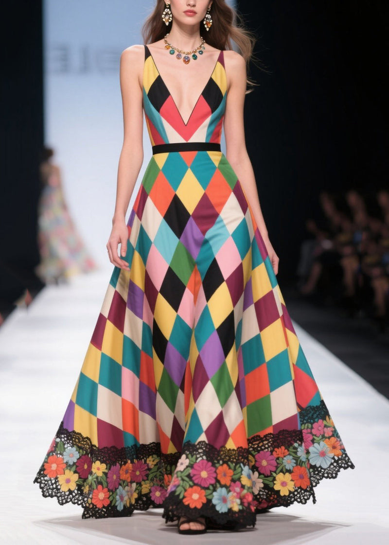 Polychrome Plaid Patchwork Lace Party Dress Summer