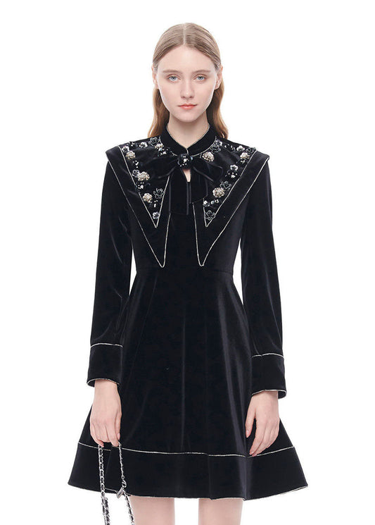 French Black Stand Collar Nail Bead Zircon Velour Dress Spring