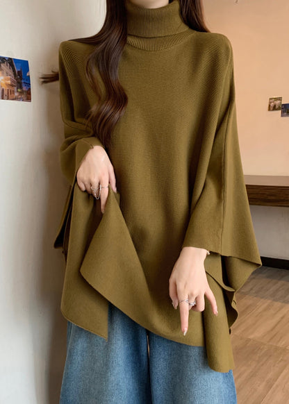 Mustard Yellow Turtleneck Asymmetrical Cozy Cotton Knit Sweaters Spring