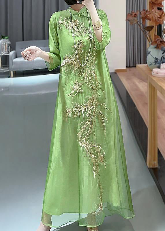 Green Embroideried Button Cotton Blend Long Dresses Spring