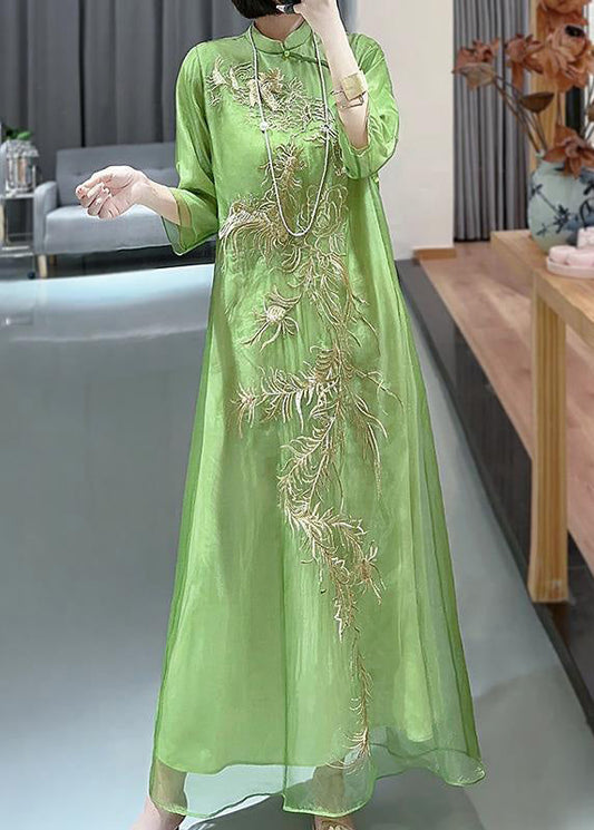 Green Embroideried Button Cotton Blend Long Dresses Spring