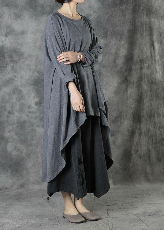 Style Grey Low High Design Button Fall Long Sleeve Shirt Tops