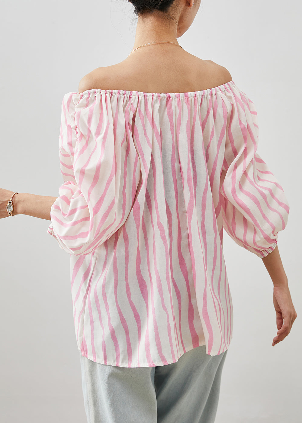 Pink Slash Neck Striped Cotton Shirt Puff Sleeve