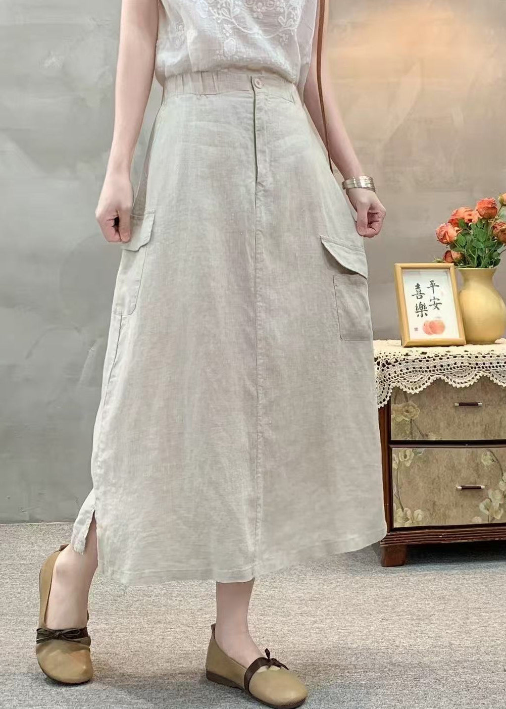 White Pockets Side Open Elastic Waist Cotton Skirts Summer