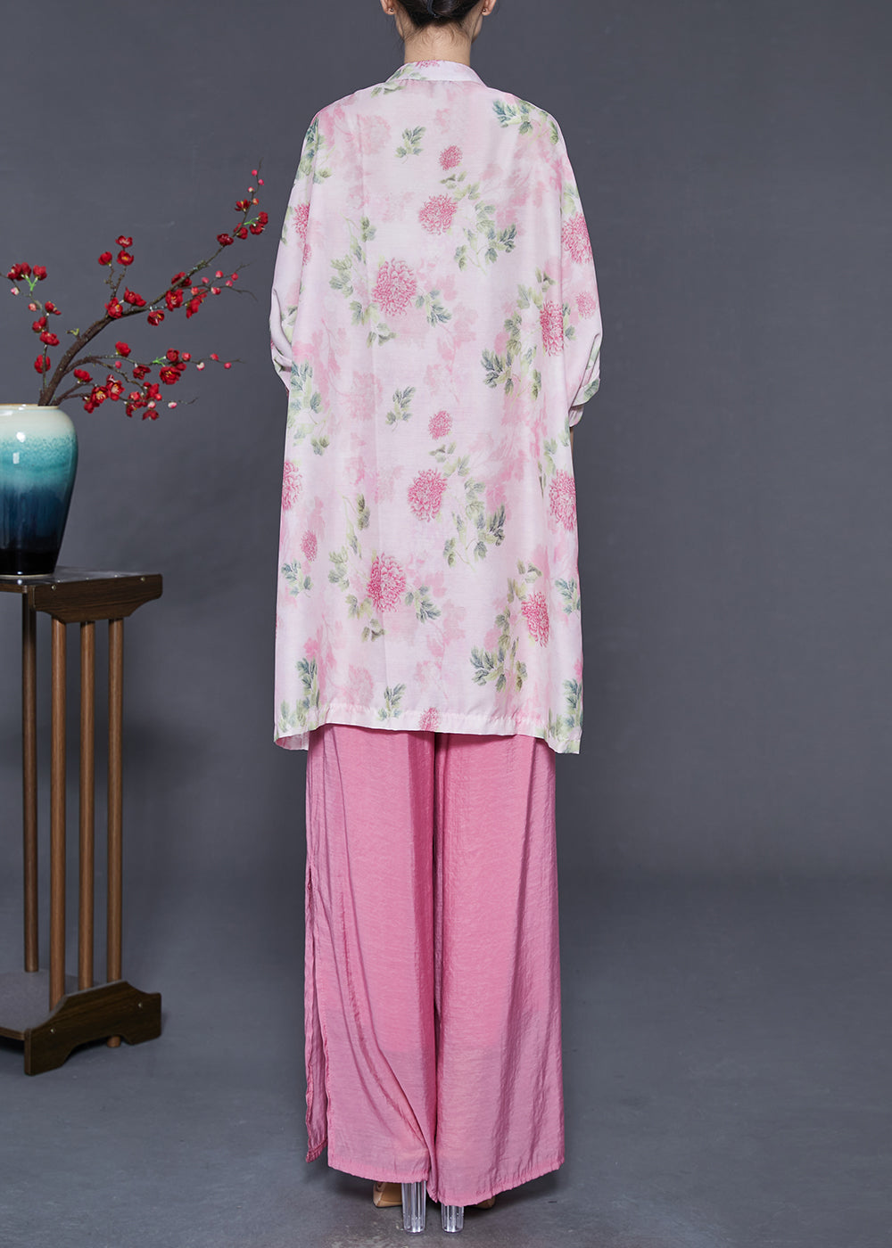 Pink Oversized Chinese Button Cotton Two-piece Set Spring