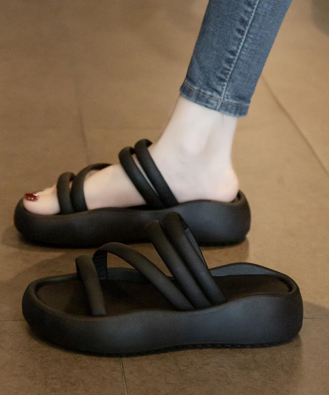 Splicing Platform Black Faux Leather Slide Sandals