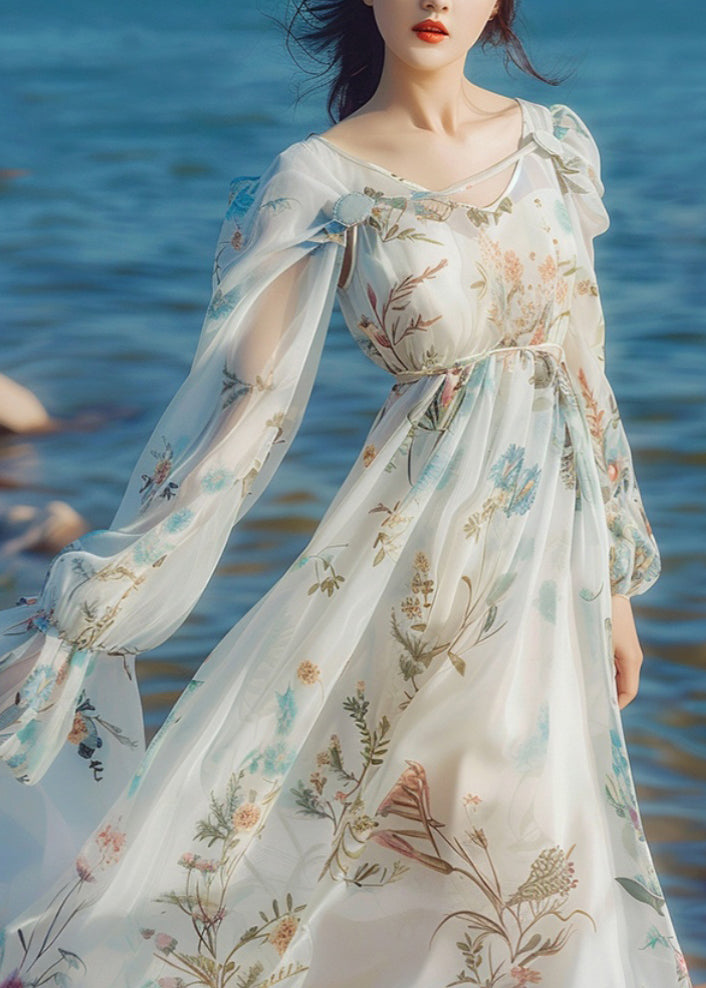 Light Blue V Neck Print Chiffon Long Dress Long Sleeve