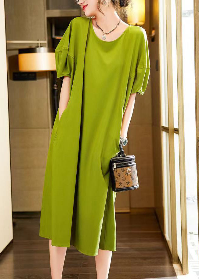 Simple Green O-neck Patchwork Long Dress Short Sleeve
