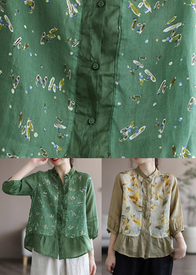 Khaki Peter Pan Collar Print Linen Shirt Long Sleeve