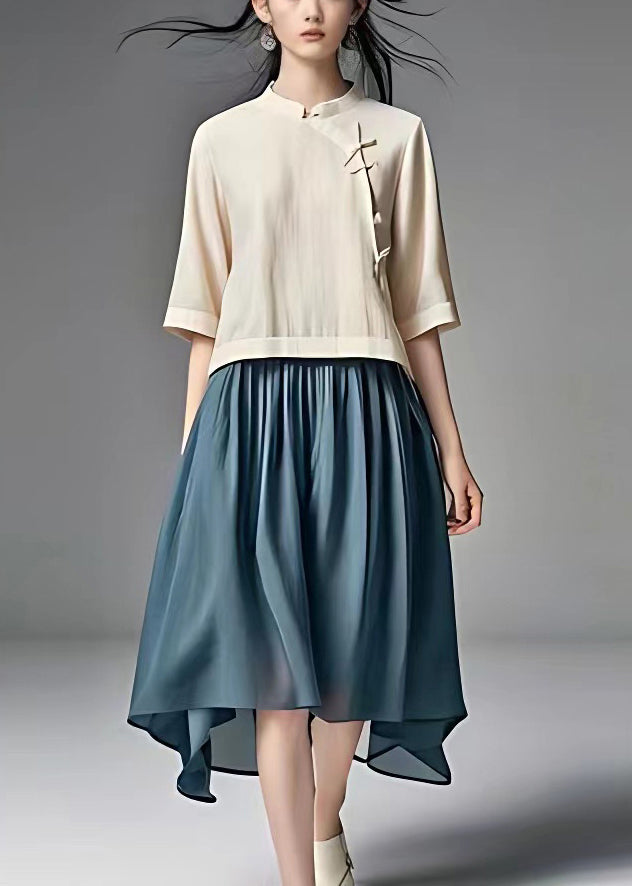 New Beige Tops and Blue Skirts Cotton Two Piece Set Half Sleeve