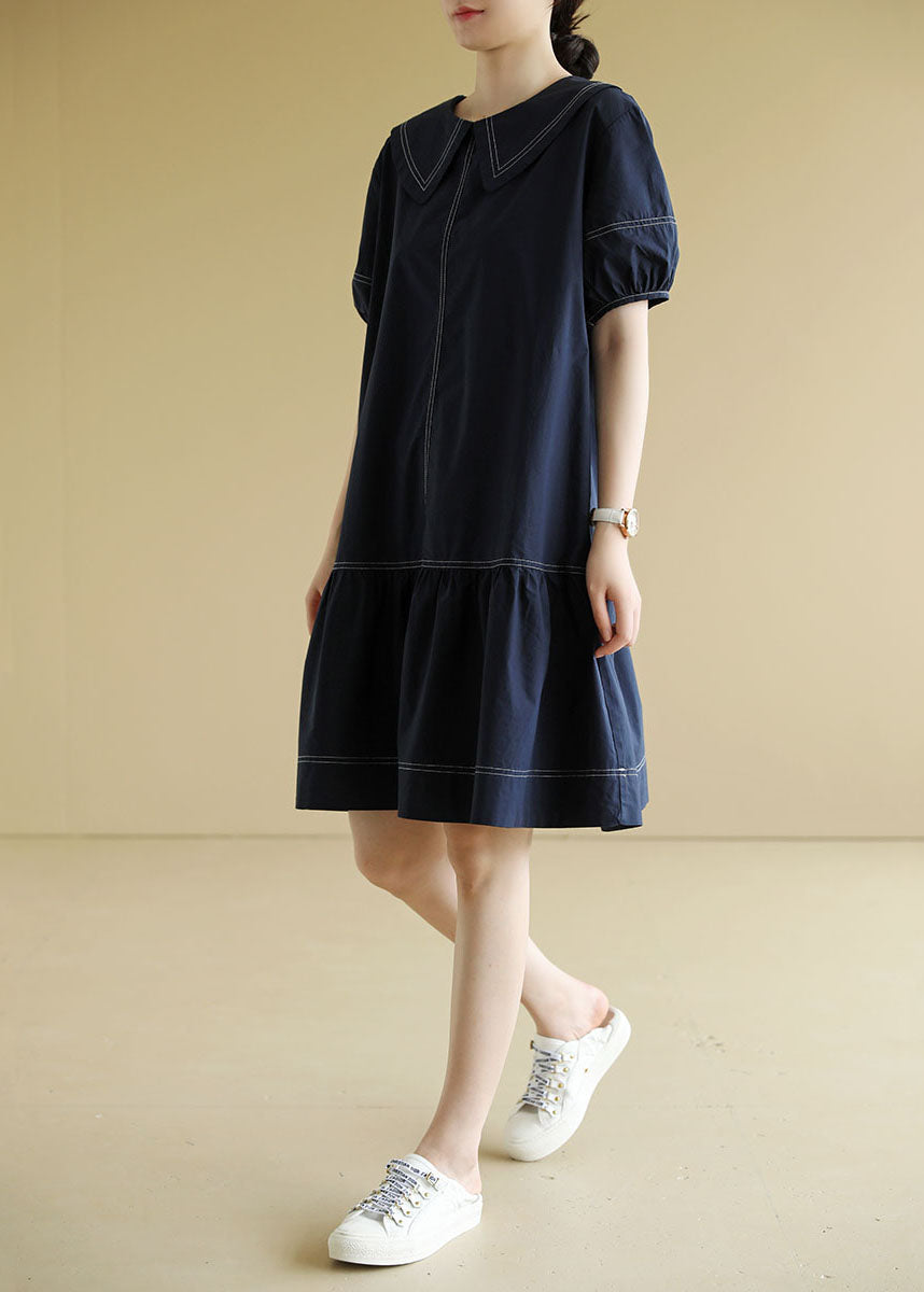 Navy Peter Pan Collar Patchwork Cotton Mid Dress Short Sleeve