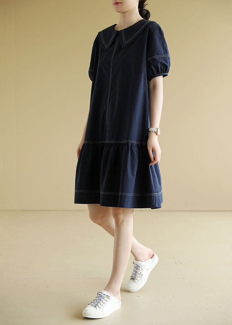 Navy Peter Pan Collar Patchwork Cotton Mid Dress Short Sleeve