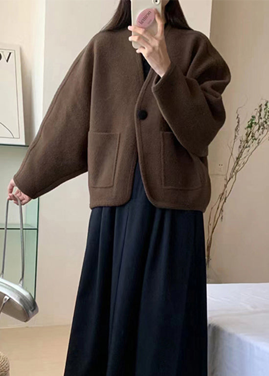 Coffee V Neck Pockets Woolen Short Coat Winter