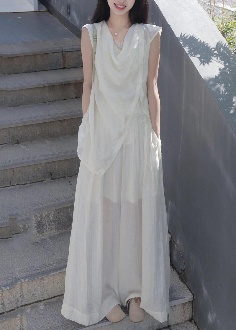New White Asymmetrical Shirts and Wide Leg Pants Cotton Two Pieces Set Summer