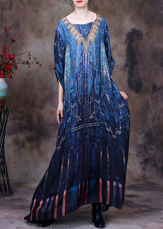 Peacock Blue V Neck Print Side Open Button Silk Long Dresses Summer