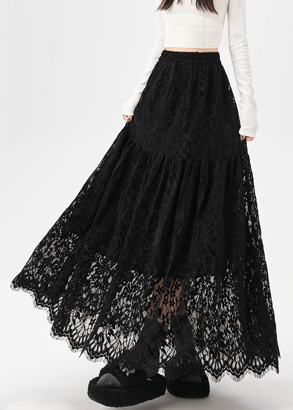 Black Elastic Waist Lace Skirt Hollow Out