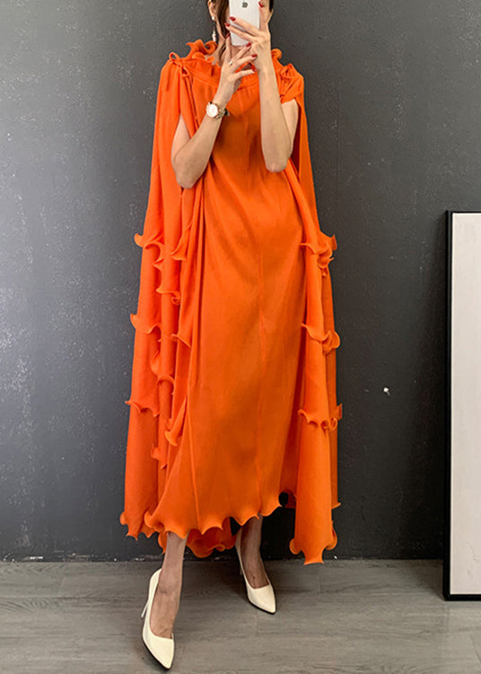 Italian Orange O-neck Ruffled Patchwork Vestidos Dress Short Sleeve