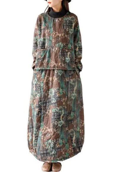 Green Print Pockets Tops and Skirts Cotton Two Piece Set Fall