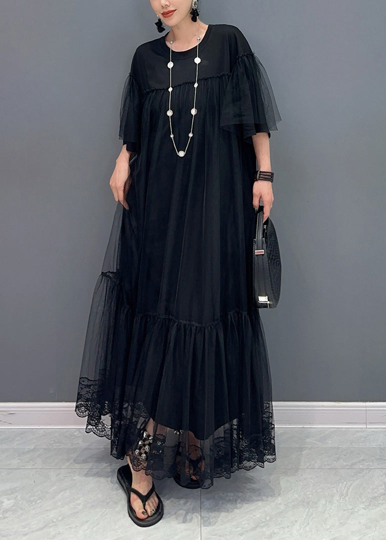 Black O Neck Wrinkled Patchwork Tulle Dress Summer