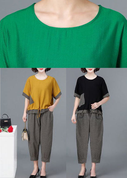 Yellow O-neck Plaid Linen Tops and Crop Harem Pants Two Pieces Set Short Sleeve