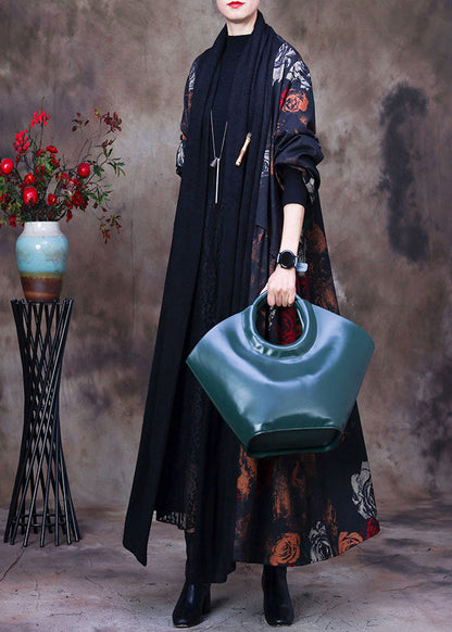 Black Bow Collar Print Loose Long Cardigans Long Sleeve