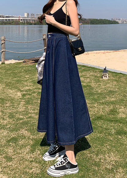 Classy Denim Light Blue High Waist Patchwork Button Cotton a Line Skirts Summer