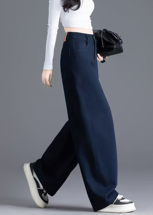 Navy Button Pockets Denim Wide Leg Pants High Waist