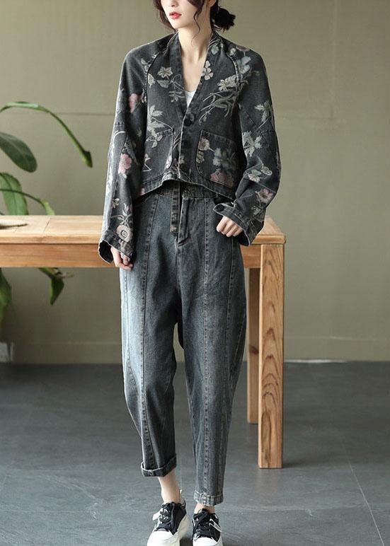 Black Print Batwing Sleeve Denim Tops