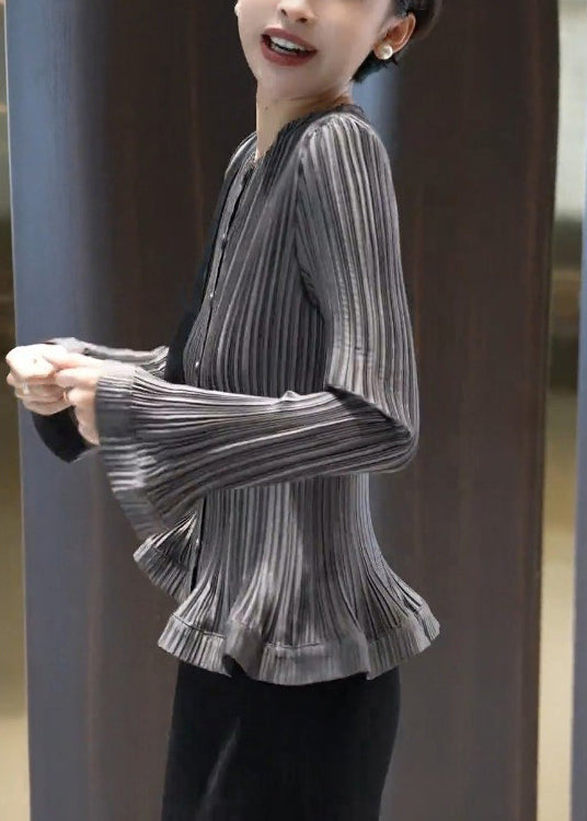 Slim Fit Grey Wrinkled Button Cotton Blouses Fall