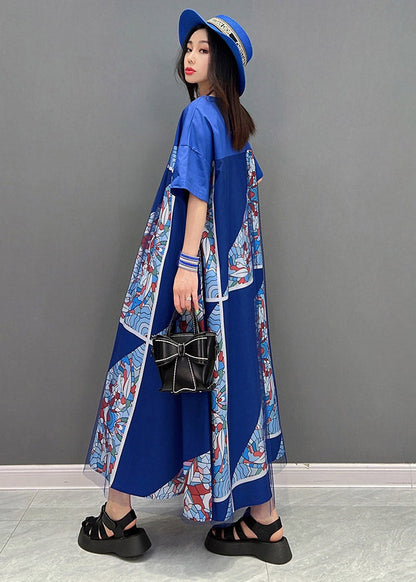 Blue O-neck Print Tulle Patchwork Dresses Short Sleeve