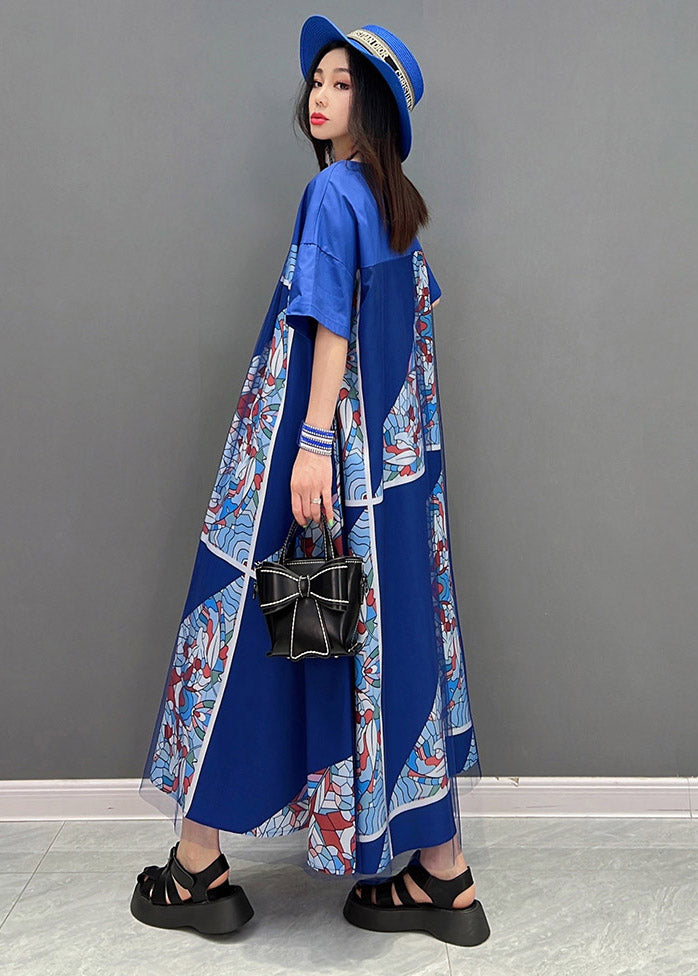 Blue O-neck Print Tulle Patchwork Dresses Short Sleeve
