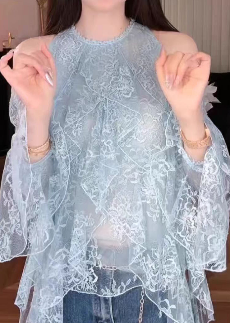 Blue Cold Shoulder Ruffled Lace Shirt Fall