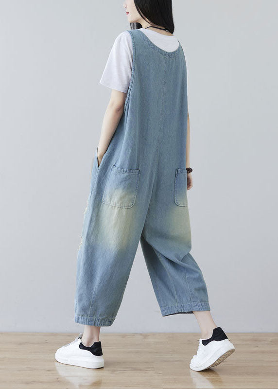 Light Blue Oriental Button Ripped Cotton Denim Jumpsuit Spring