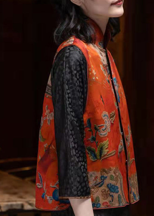 Original Design Red Stand Collar Embroideried Silk Chinese Style Vest Sleeveless