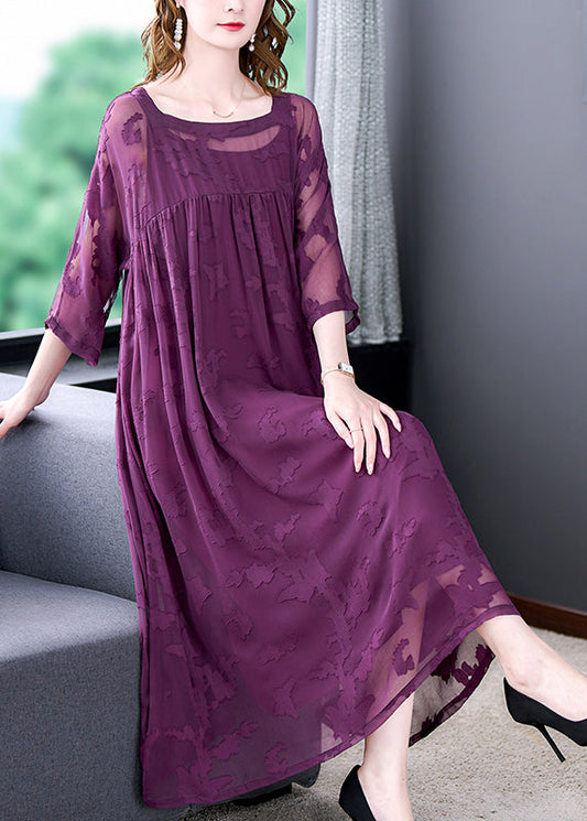Purple Hollow Out Chiffon Dress Two Piece Set Clothing Wrinkled Summer