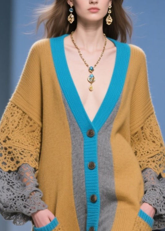 Brown Oversized Patchwork Lace Knit Cardigans Fall