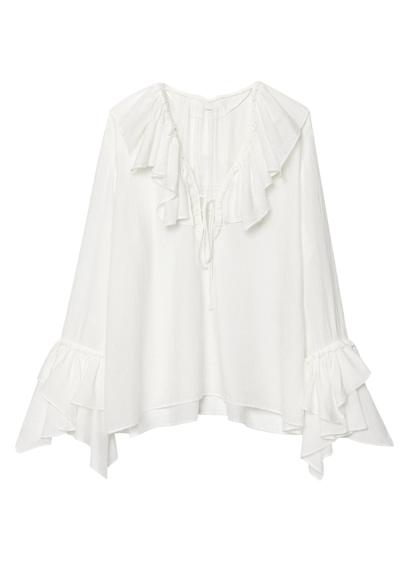 White V Neck Ruffled Patchwork Chiffon Top Fall