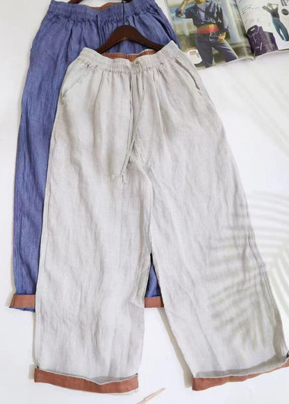 Blue Oversized Linen Straight Pants Summer