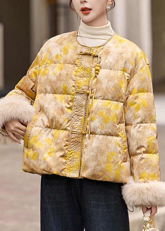 Yellow Oriental Button Fur Patchwork Duck Down Jacket Winter