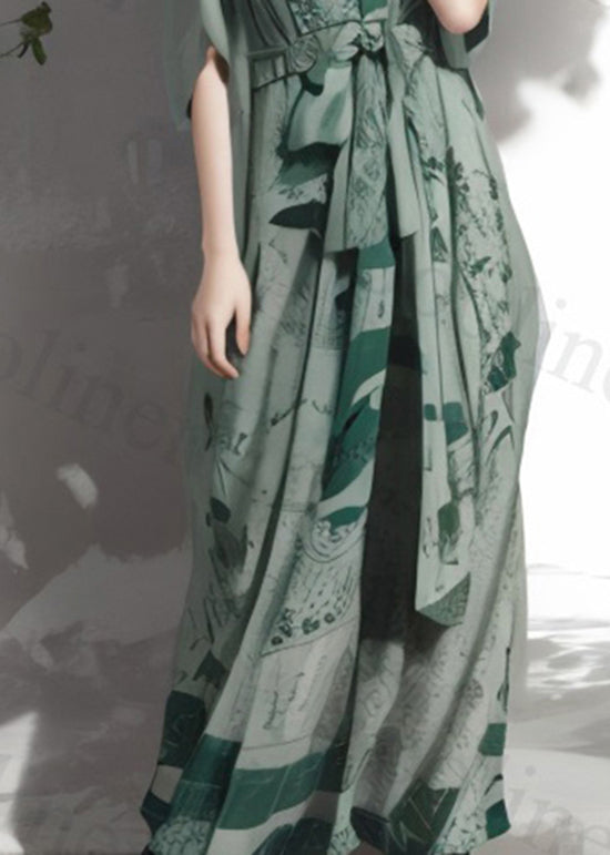 Green Print Lace Up Loose Silk Maxi Dresses Summer