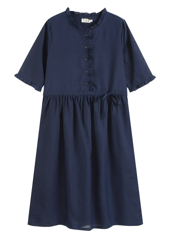 Tibetan Blue Drawstring Ruffled Button Linen Long Dress Half Sleeve